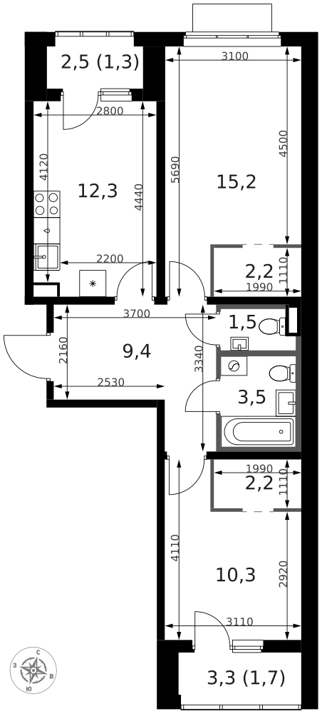 2-комнатная 60 м2 в ЖК 1-й Ясеневский корпус null этаж 3