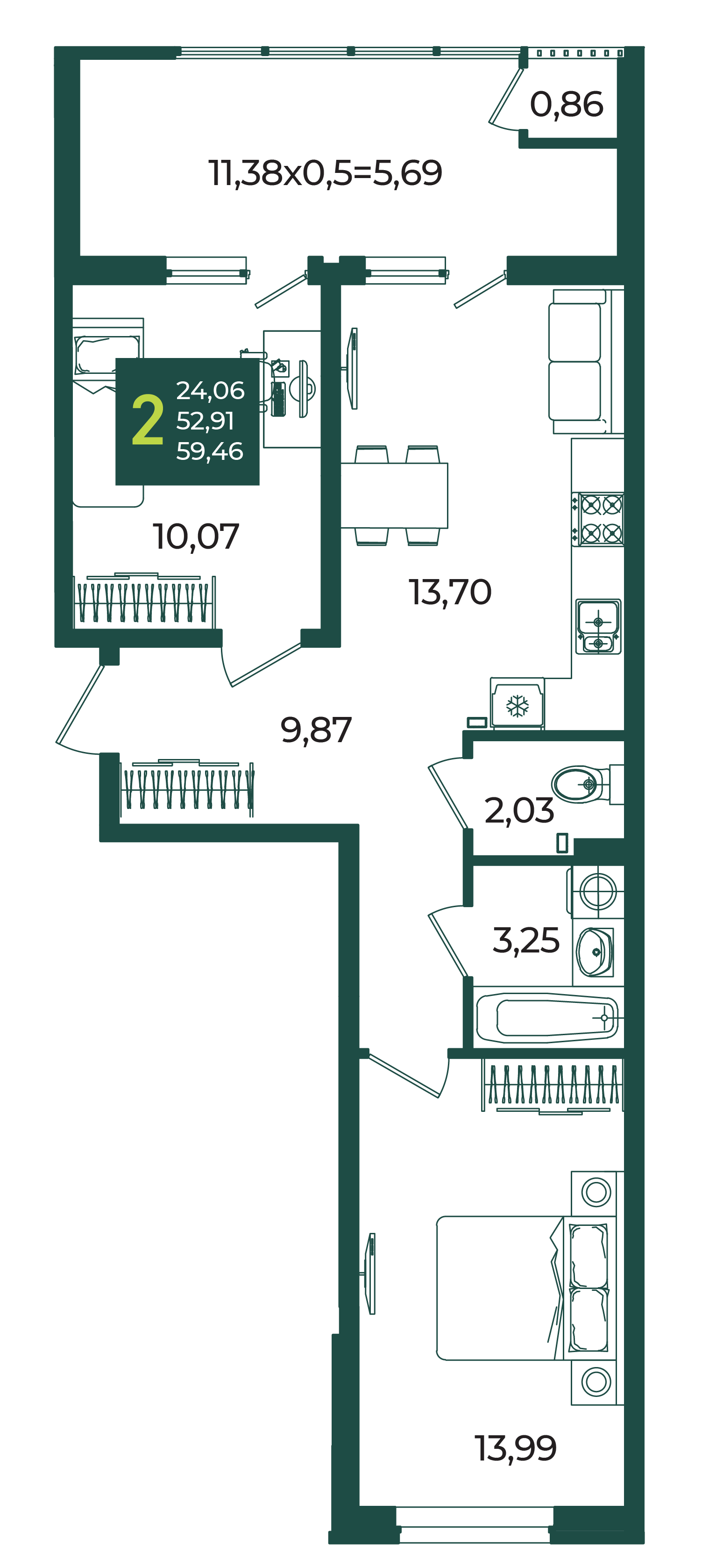 2-комнатная 59 м2 в ЖК Образцово корпус null этаж 2