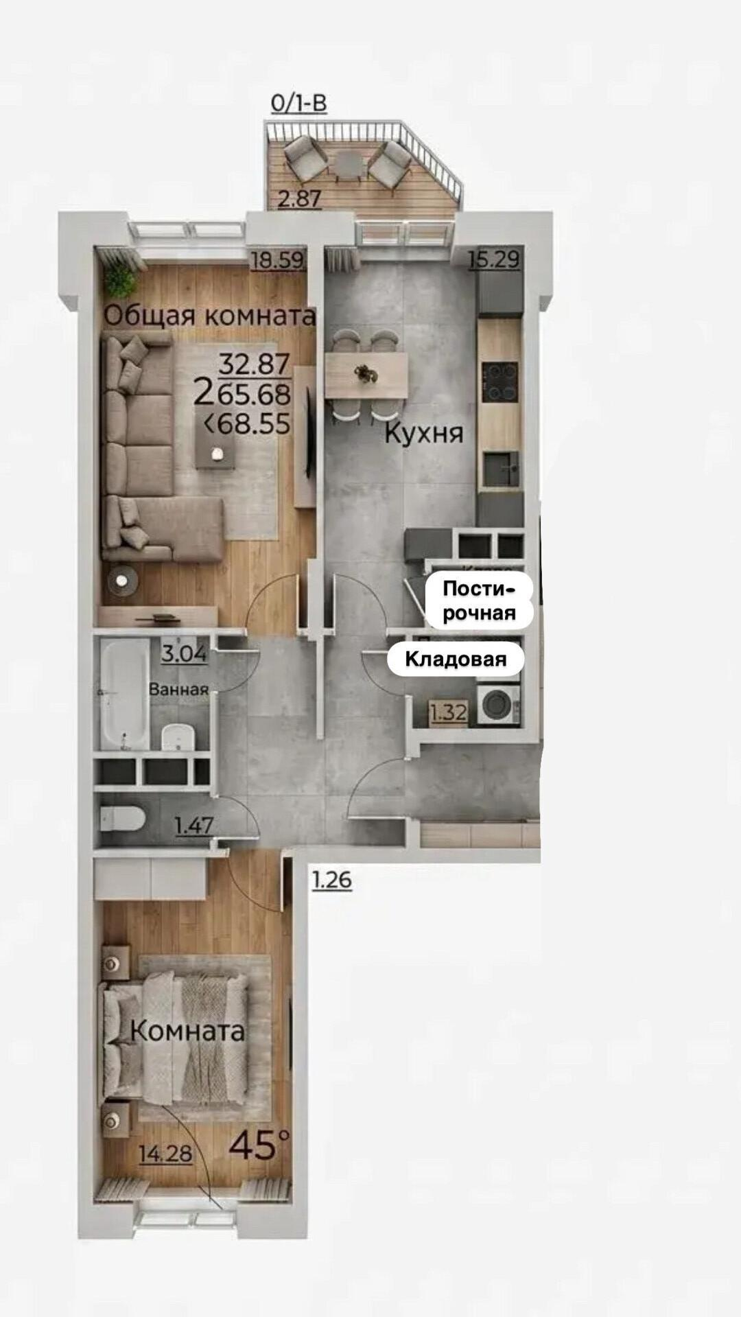 2-комнатная 64.4 м2 в ЖК undefined корпус null этаж 3