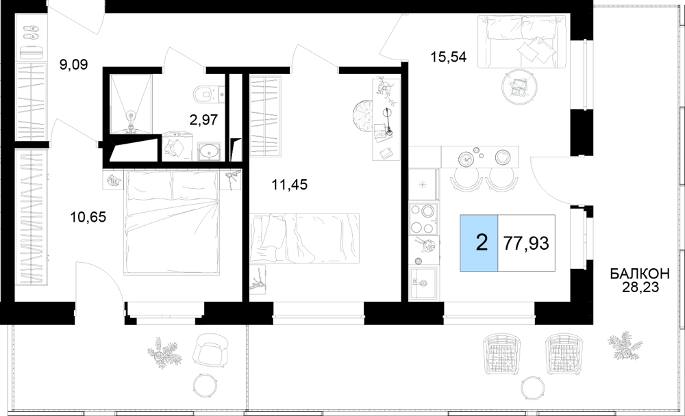 3-комнатная 77 м2 в ЖК Корсаков корпус null этаж 3