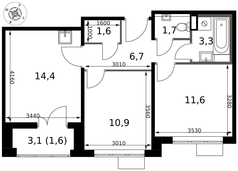 2-комнатная 51 м2 в ЖК 1-й Саларьевский корпус null этаж 16