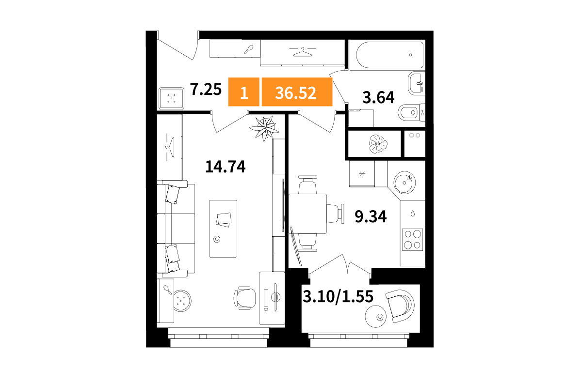 1-комнатная 36 м2 в ЖК Планерный квартал корпус null этаж 7