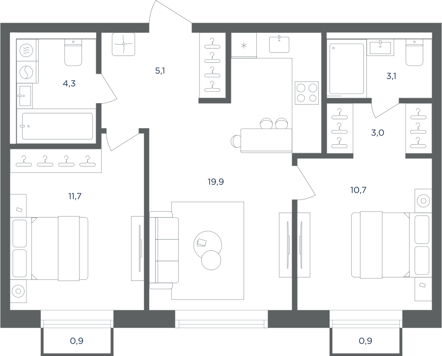 2-комнатная 58 м2 в ЖК Равновесие корпус null этаж 3