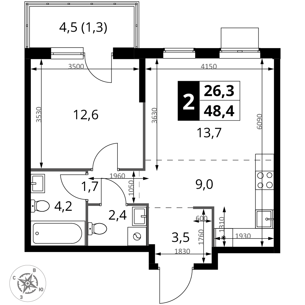 2-комнатная 48 м2 в ЖК 1-й Измайловский корпус null этаж 15