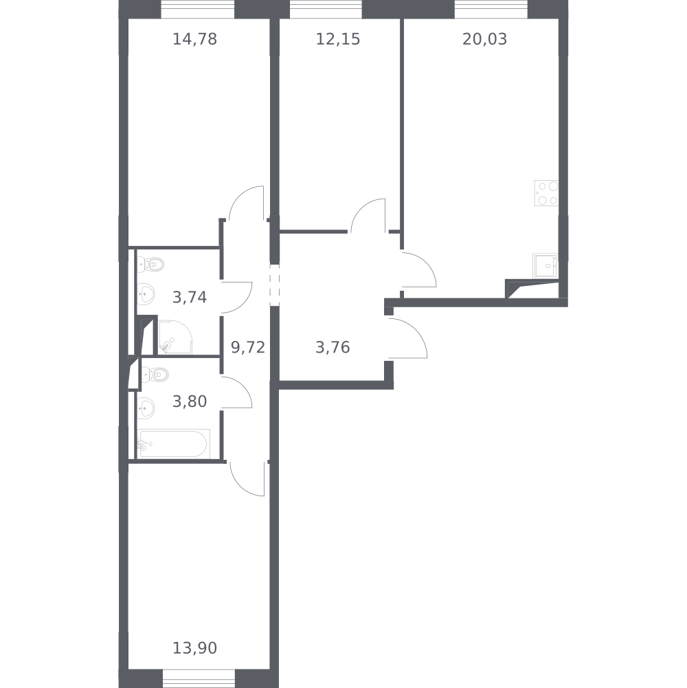 3-комнатная 80 м2 в ЖК Квартал Лаголово корпус null этаж 3