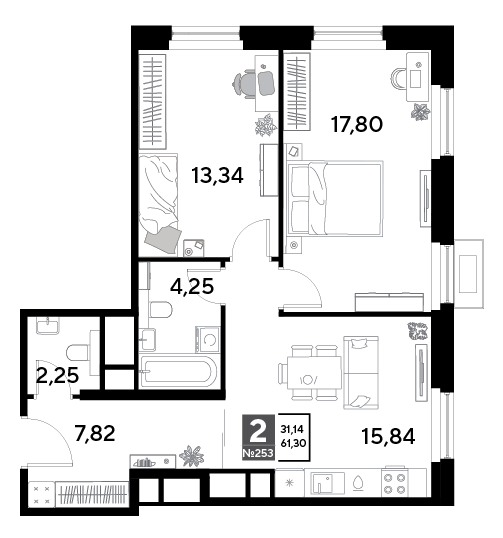 2-комнатная 61 м2 в ЖК EVO корпус null этаж 23