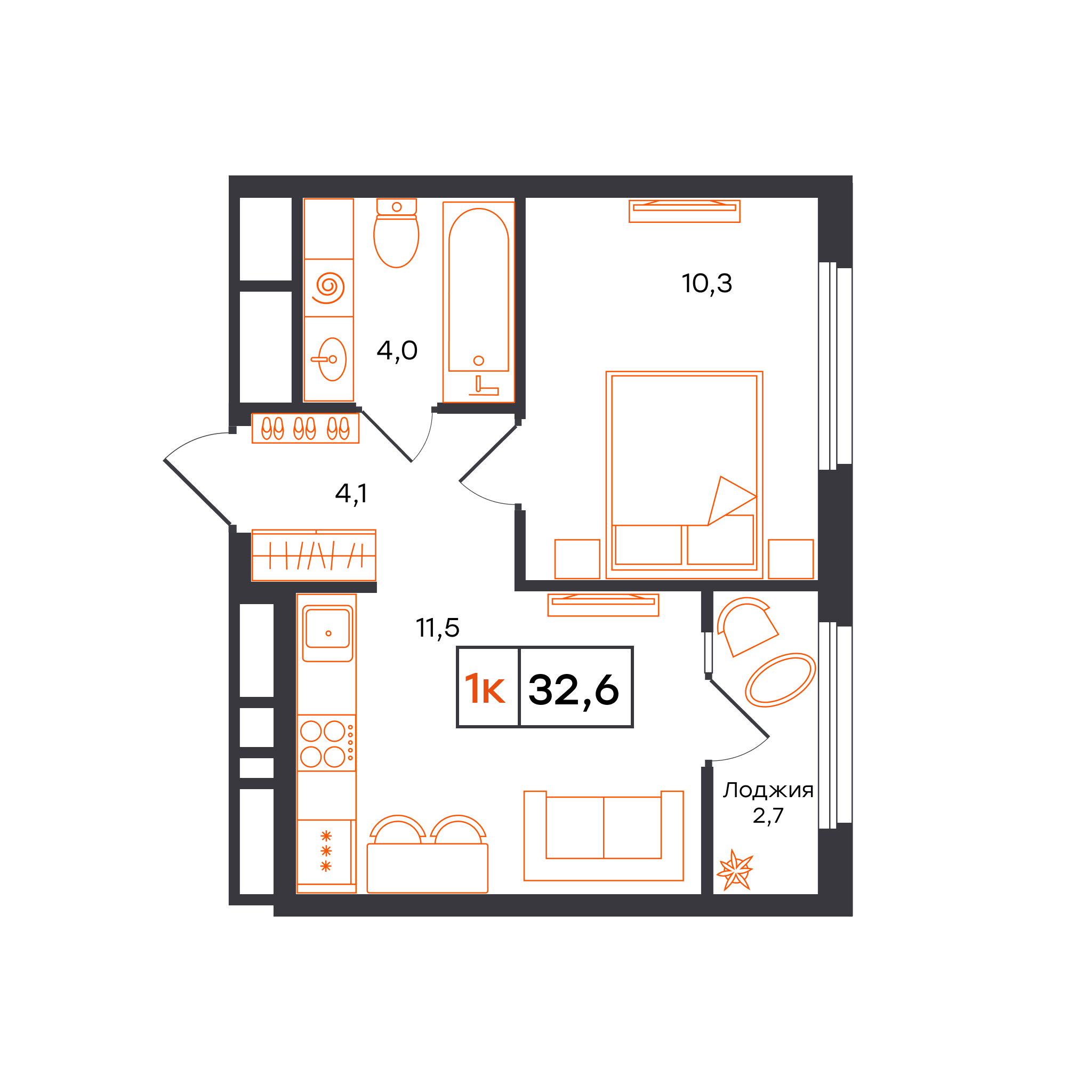 1-комнатная 32 м2 в ЖК Отличие корпус null этаж 14
