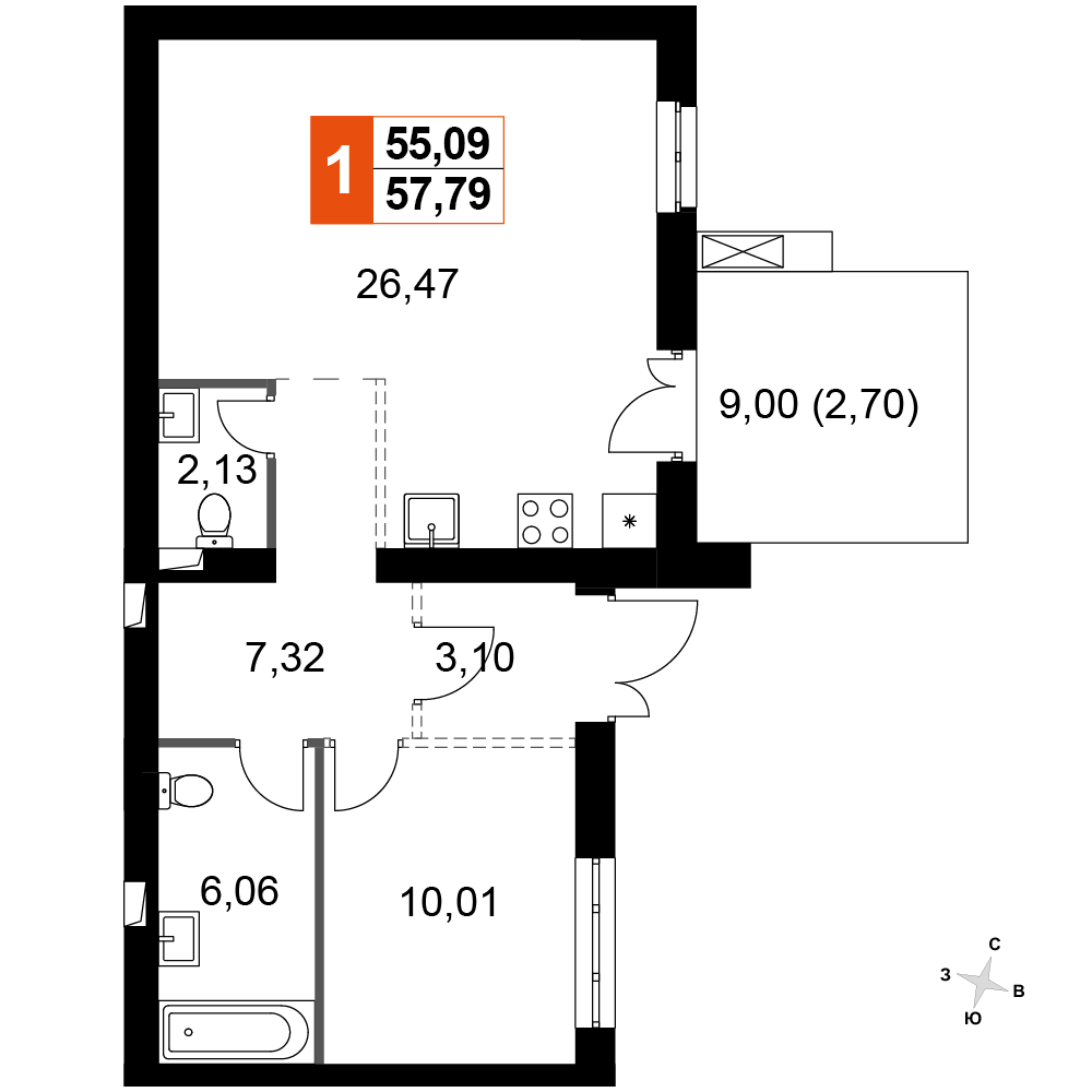 1-комнатная 57 м2 в ЖК Жаворонки Клаб корпус null этаж 1