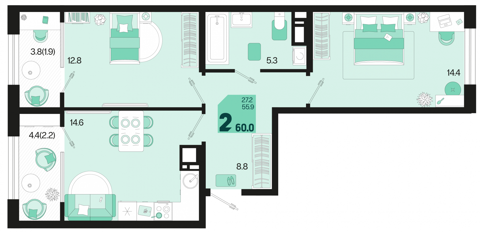 1-комнатная 60 м2 в ЖК undefined корпус null этаж 3