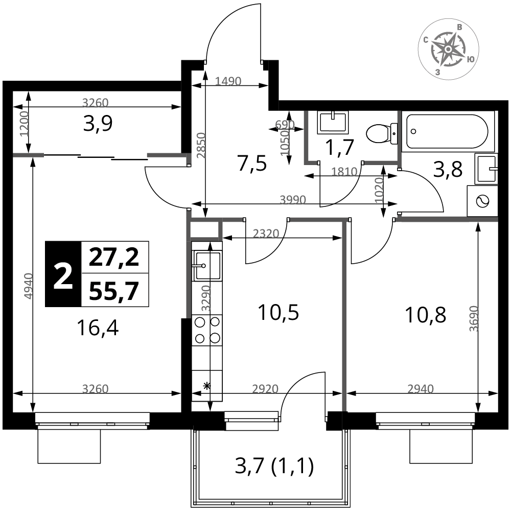 2-комнатная 55 м2 в ЖК 1-й Измайловский корпус null этаж 17