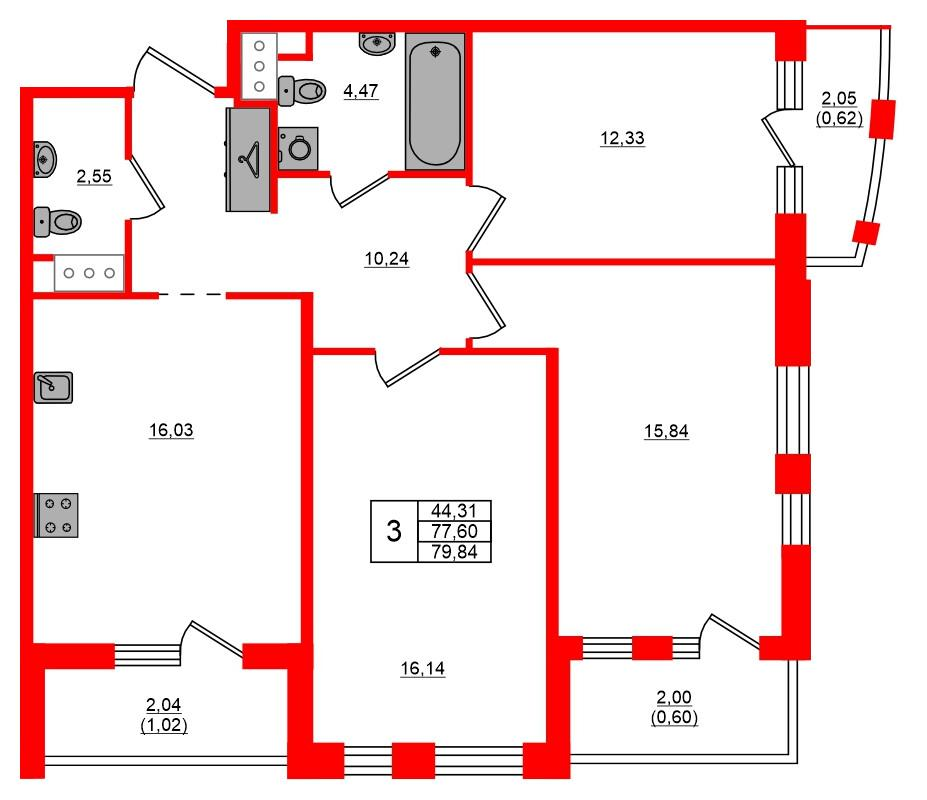3-комнатная 79 м2 в ЖК Respect корпус null этаж 6