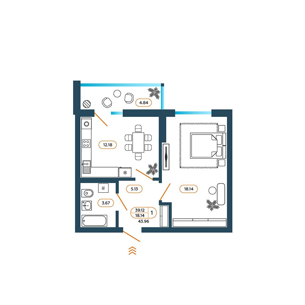 1-комнатная 44 м2 в ЖК Пульс корпус null этаж 8