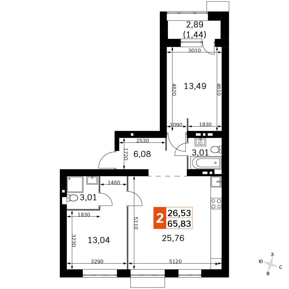 2-комнатная 65 м2 в ЖК Жаворонки Клаб корпус null этаж 2