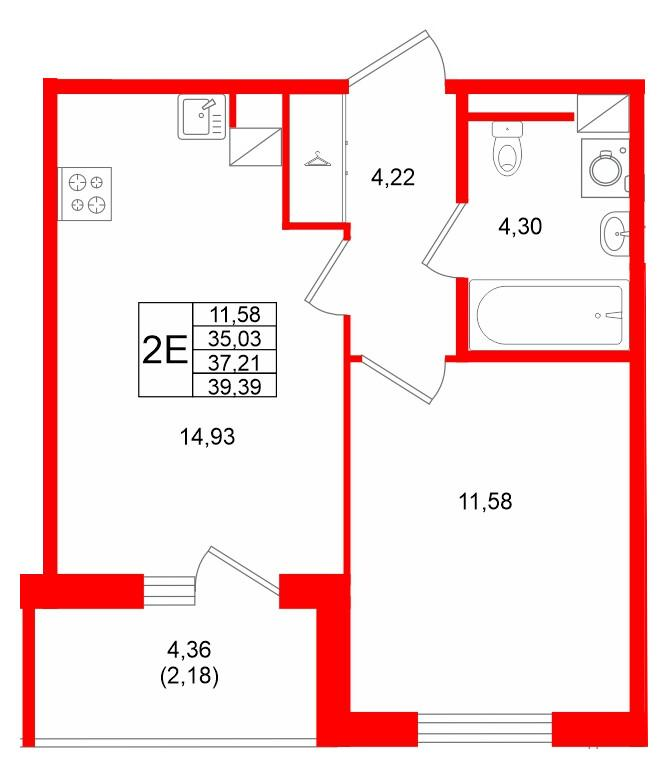 1-комнатная 37 м2 в ЖК IQ Гатчина корпус null этаж 3