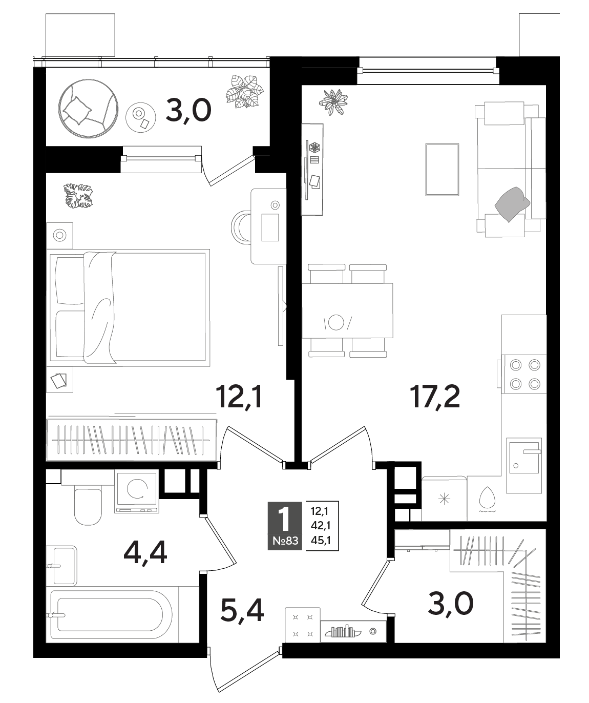 1-комнатная 45 м2 в ЖК Dogma Park корпус null этаж 7