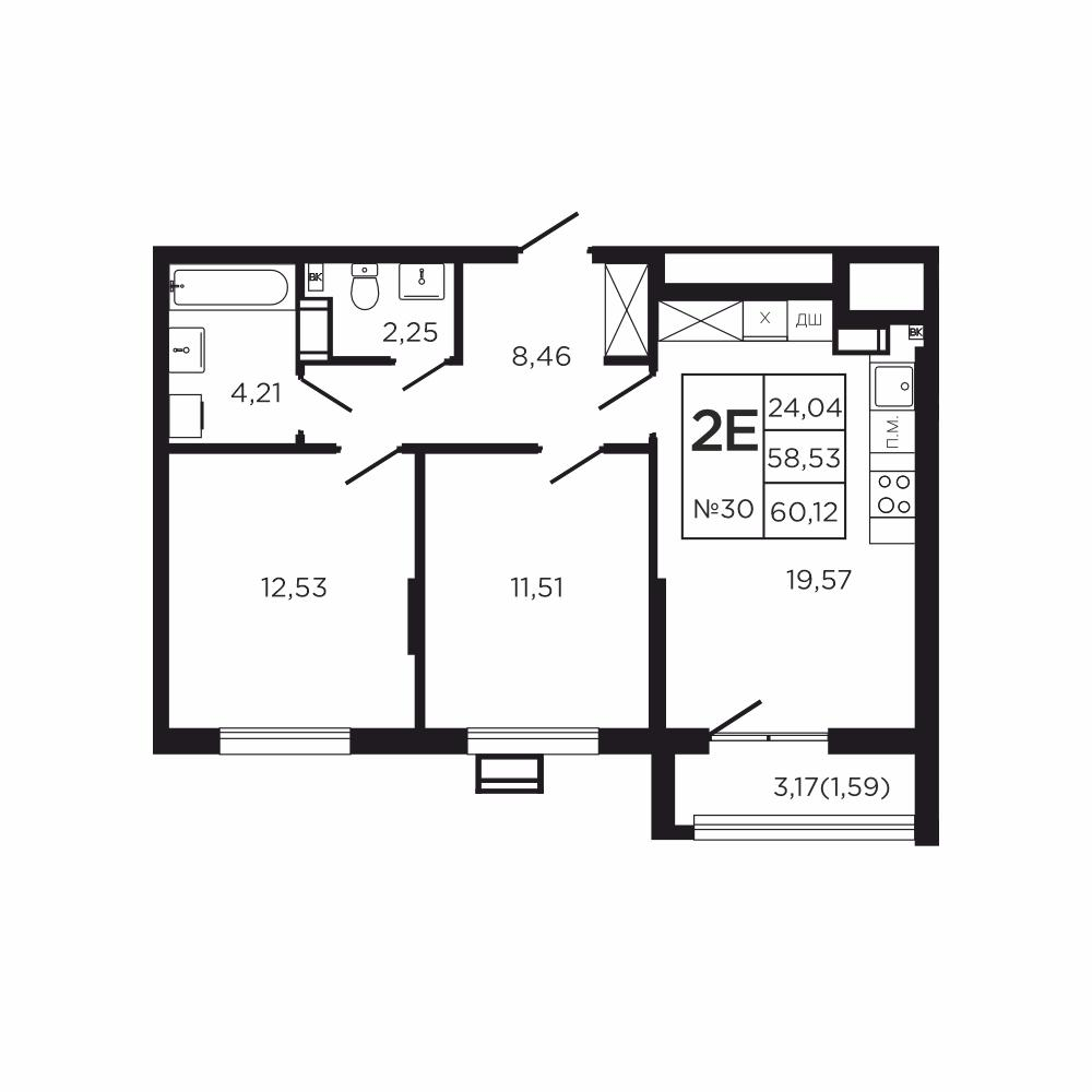 2-комнатная 61 м2 в ЖК Соседи корпус null этаж 4