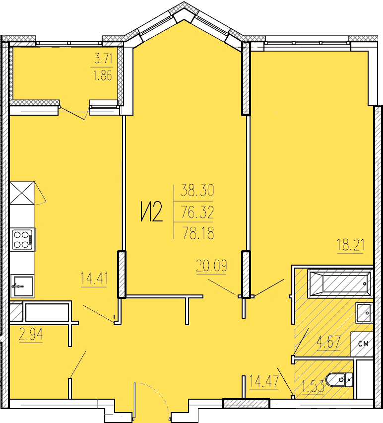 2-комнатная 78 м2 в ЖК Акварель корпус null этаж 14