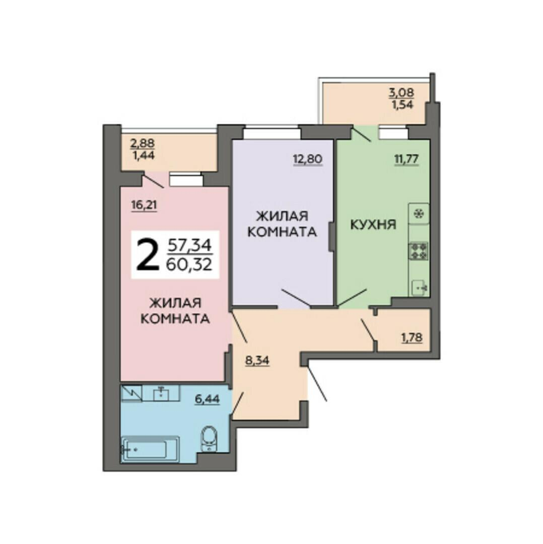 2-комнатная 60 м2 в ЖК Авиатор 2 корпус null этаж 15