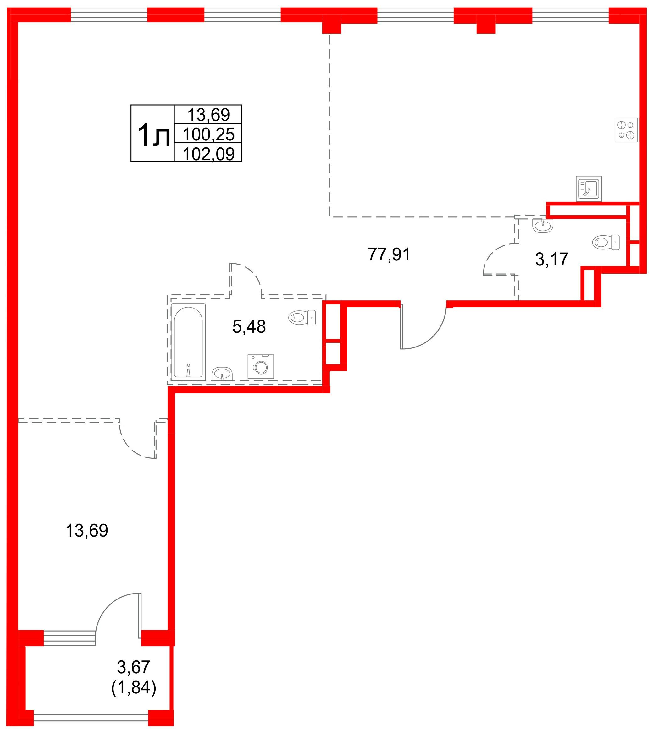 1-комнатная 102 м2 в ЖК Кронфорт. Центральный корпус null этаж 4