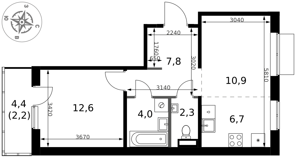 2-комнатная 46 м2 в ЖК 1-й Ясеневский корпус null этаж 4