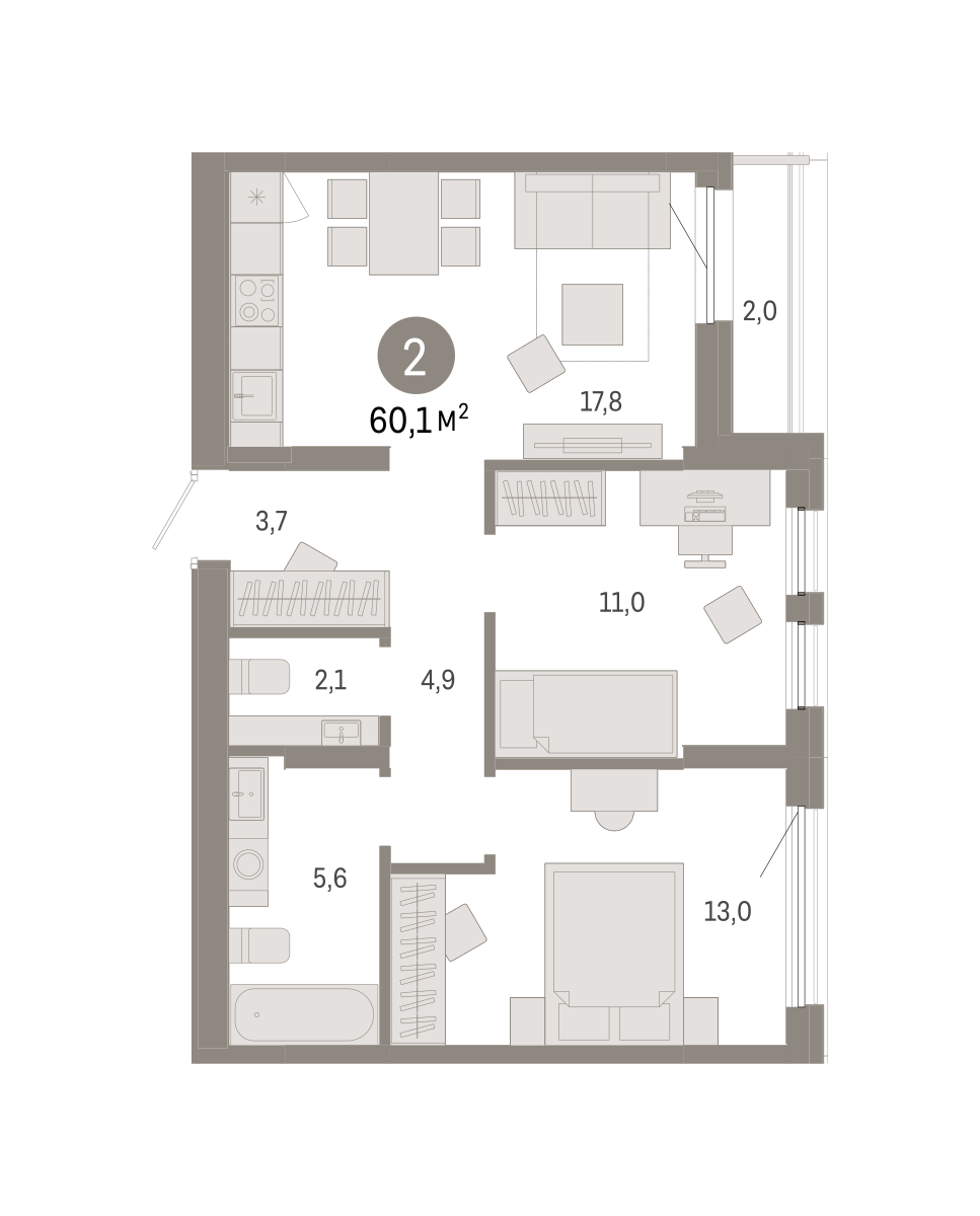 2-комнатная 60 м2 в ЖК Республики 205 корпус null этаж 9