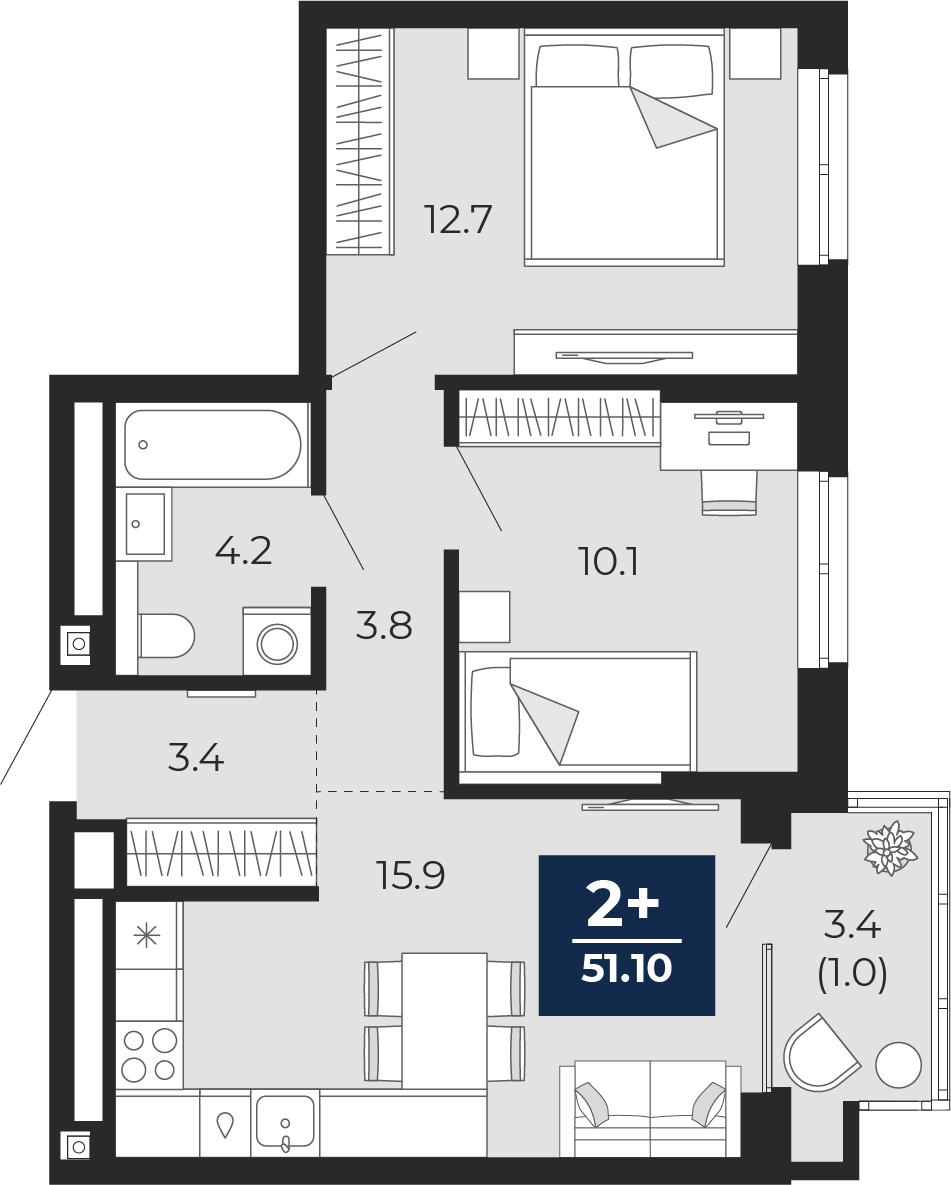2-комнатная 50 м2 в ЖК Мириады корпус null этаж 12