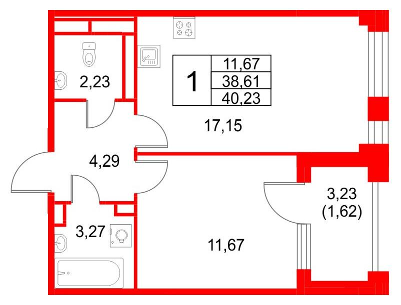 1-комнатная 40 м2 в ЖК Кронфорт. Центральный корпус null этаж 2