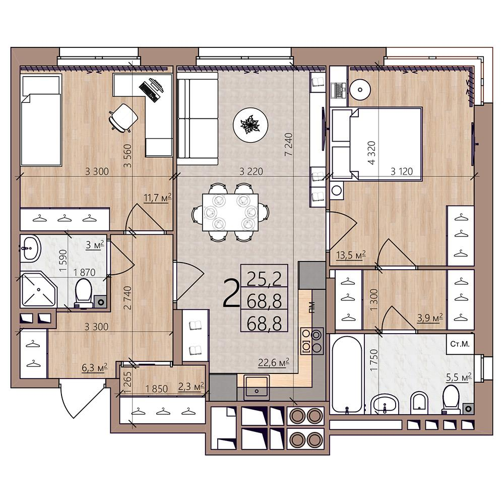 2-комнатная 68 м2 в ЖК Окская стрелка корпус null этаж 3