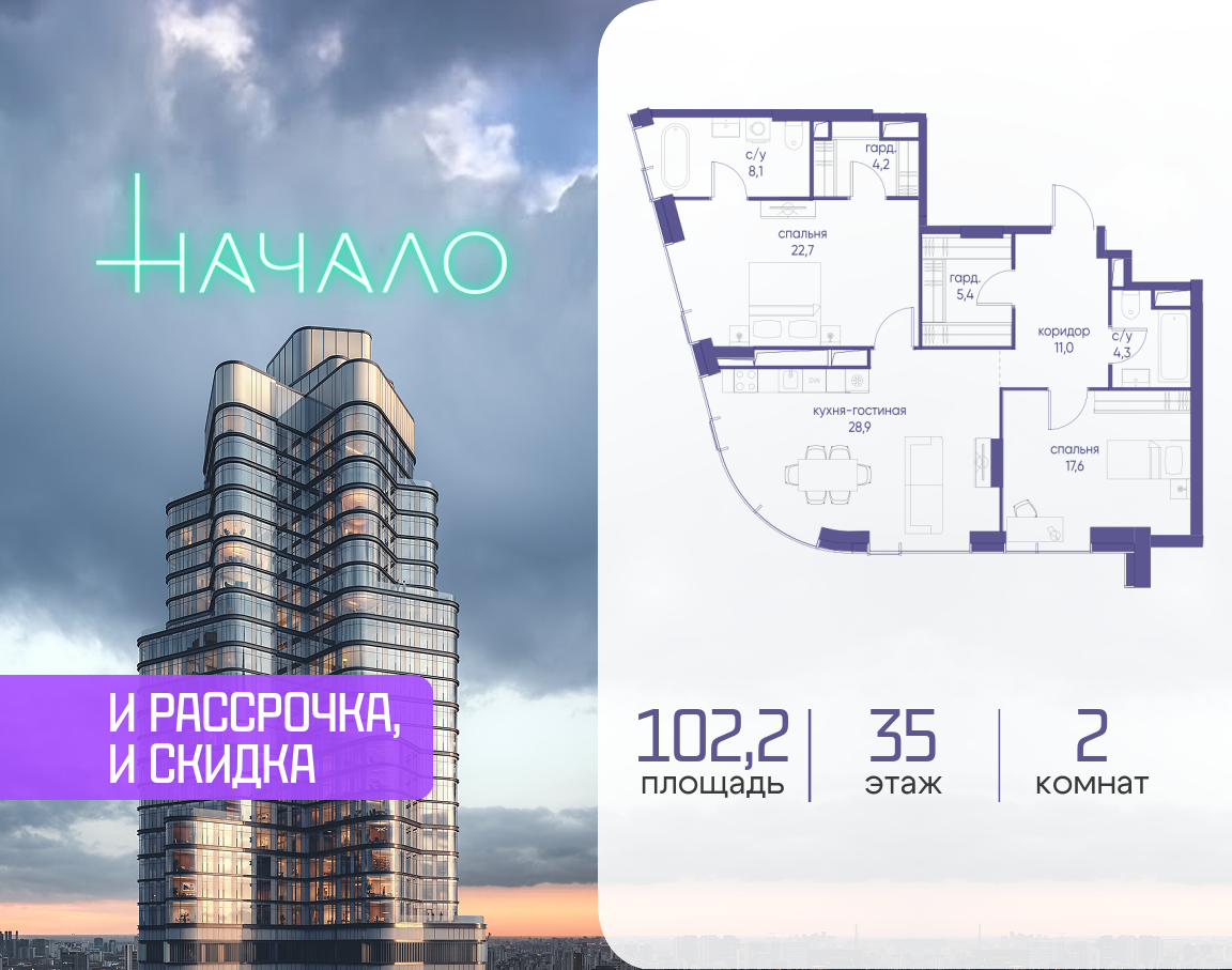 2-комнатная 102 м2 в ЖК Начало корпус null этаж 35