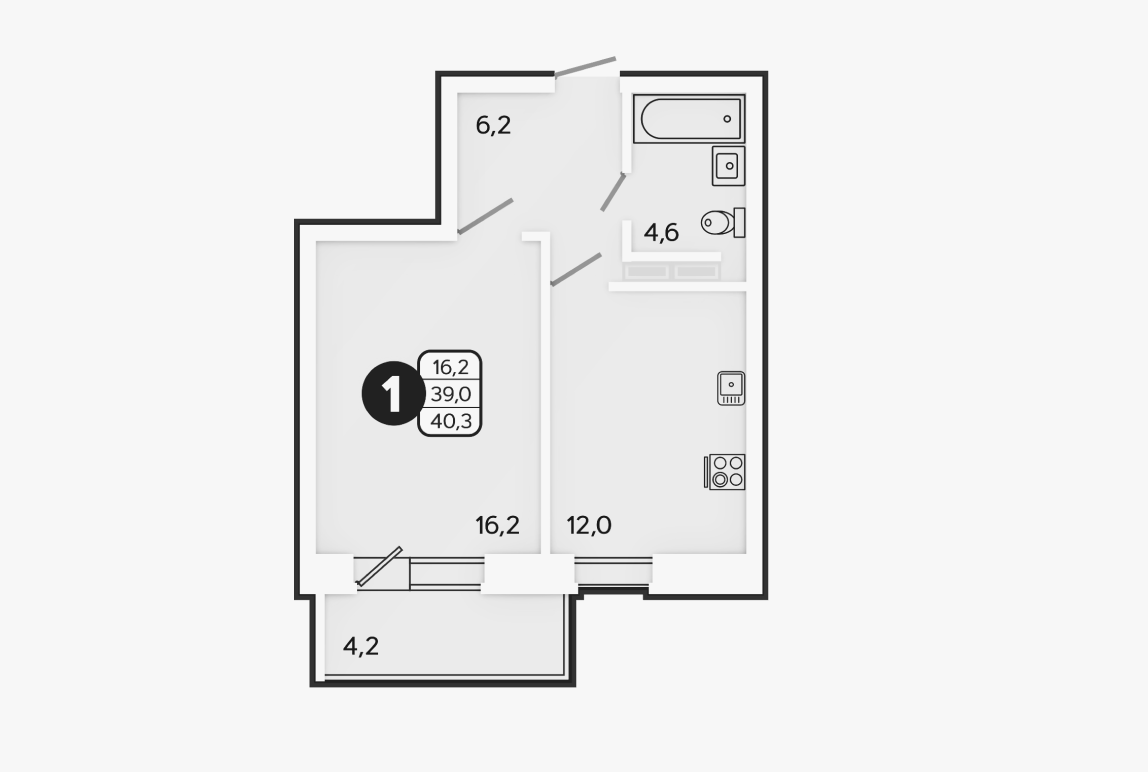1-комнатная 39.5 м2 в ЖК undefined корпус null этаж 15