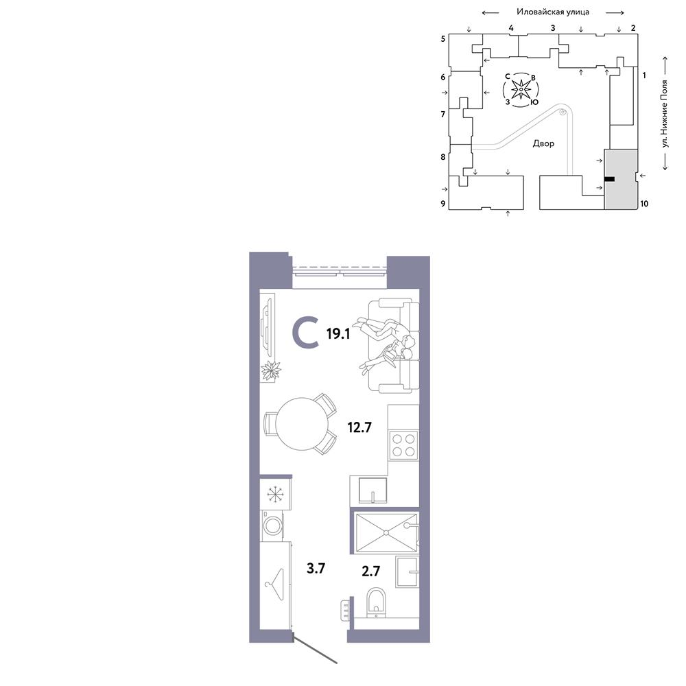 1-комнатная 19 м2 в ЖК Страна.Заречная корпус null этаж 23