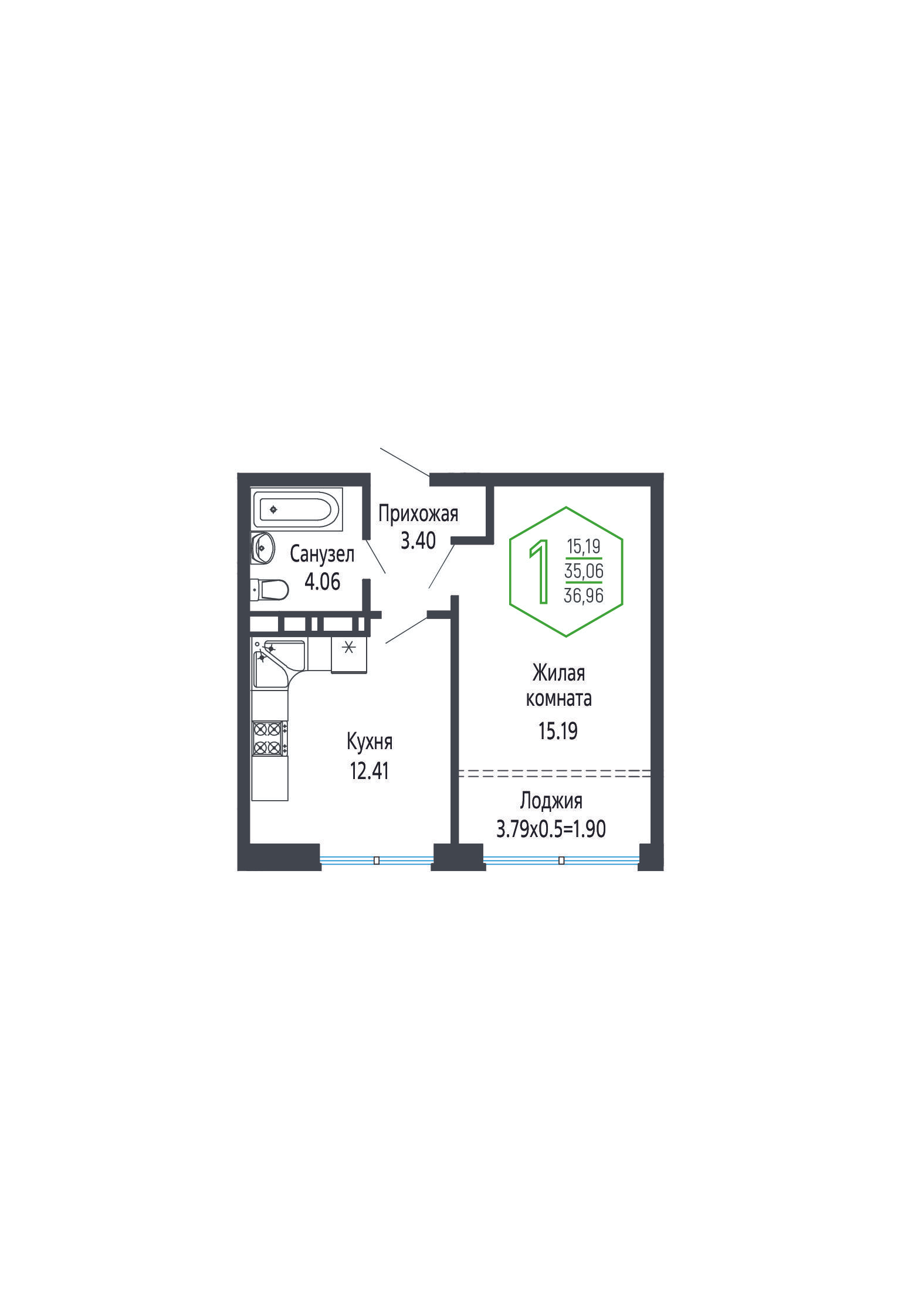 1-комнатная 37 м2 в ЖК Гарантия Прайм корпус null этаж 11