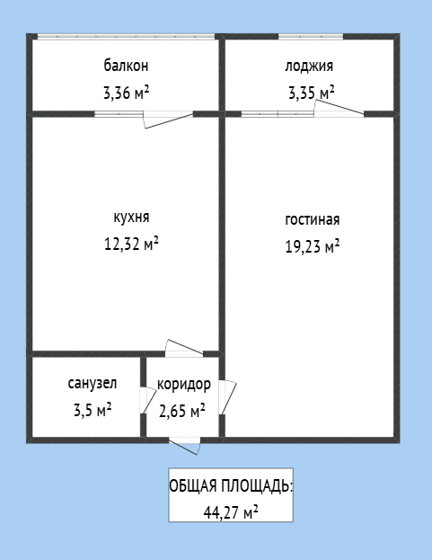 1-комнатная 44 м2 в ЖК undefined корпус null этаж 6
