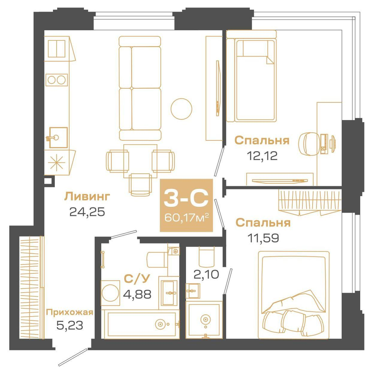 3-комнатная 60 м2 в ЖК Пульсар корпус null этаж 22