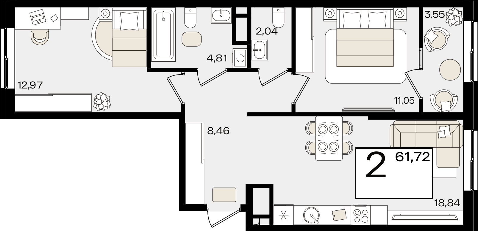 2-комнатная 61 м2 в ЖК Патрики корпус null этаж 2