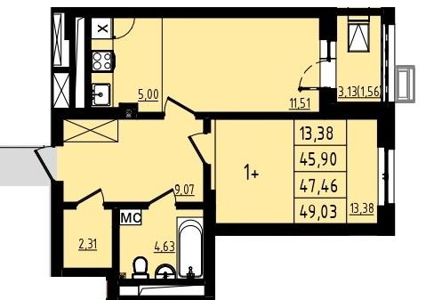 1-комнатная 47 м2 в ЖК Новоленд корпус null этаж 2