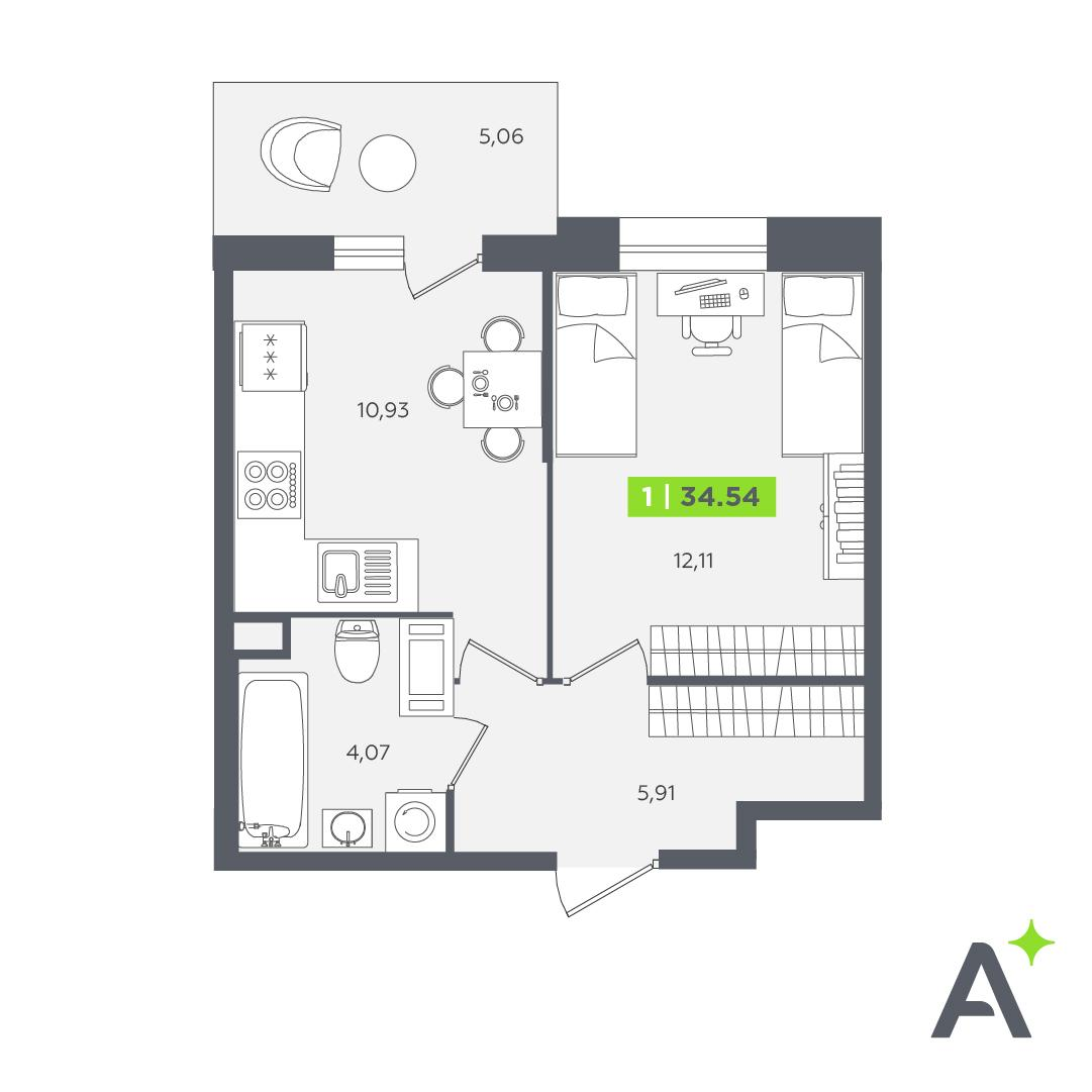 1-комнатная 34 м2 в ЖК Аквилон STORIES корпус null этаж 12