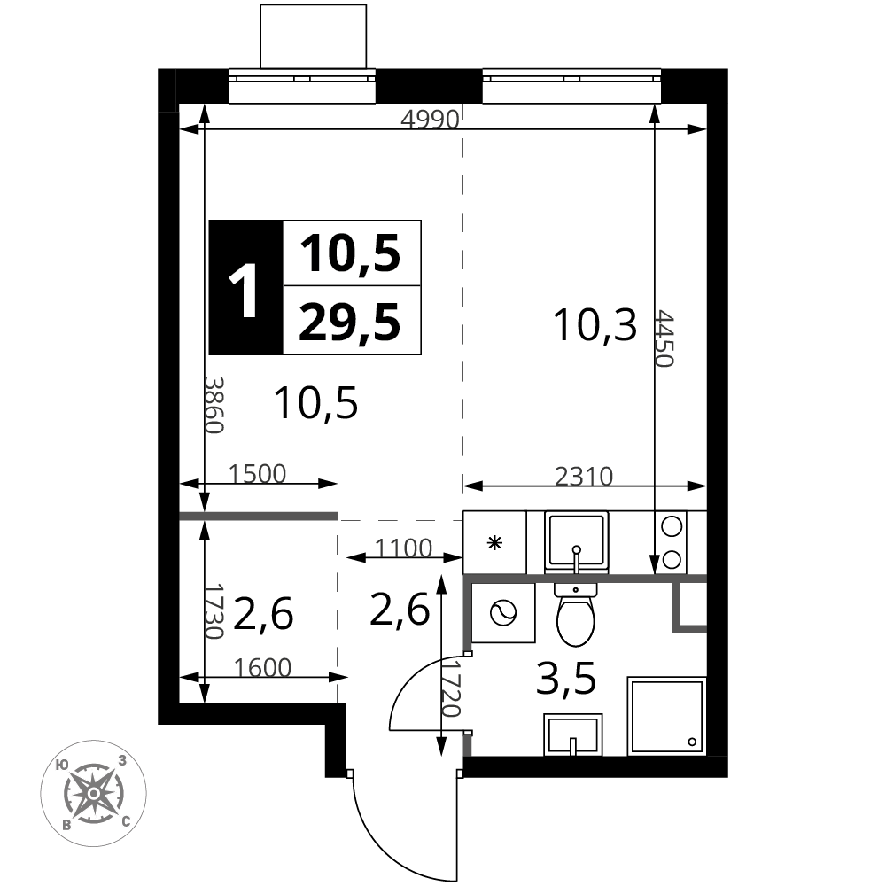 Студия 29 м2 в ЖК 1-й Шереметьевский корпус null этаж 15
