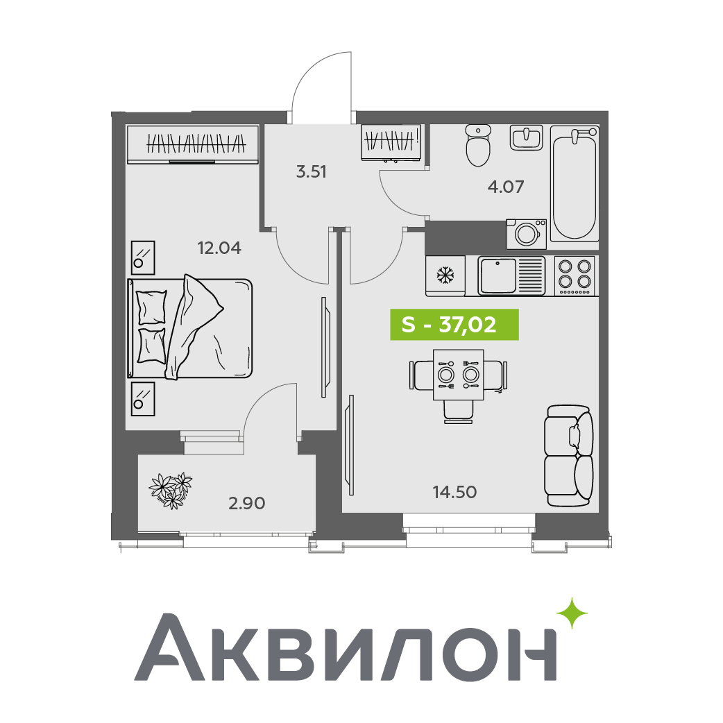Студия 37 м2 в ЖК Аквилон АКВАРТАЛ корпус null этаж 14