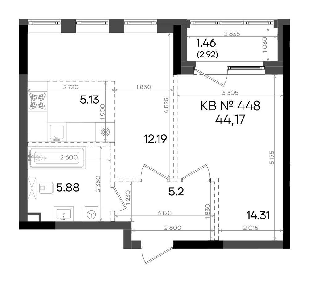 2-комнатная 44 м2 в ЖК Адали корпус null этаж 15
