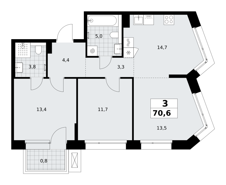 3-комнатная 70 м2 в ЖК Хольм корпус null этаж 5