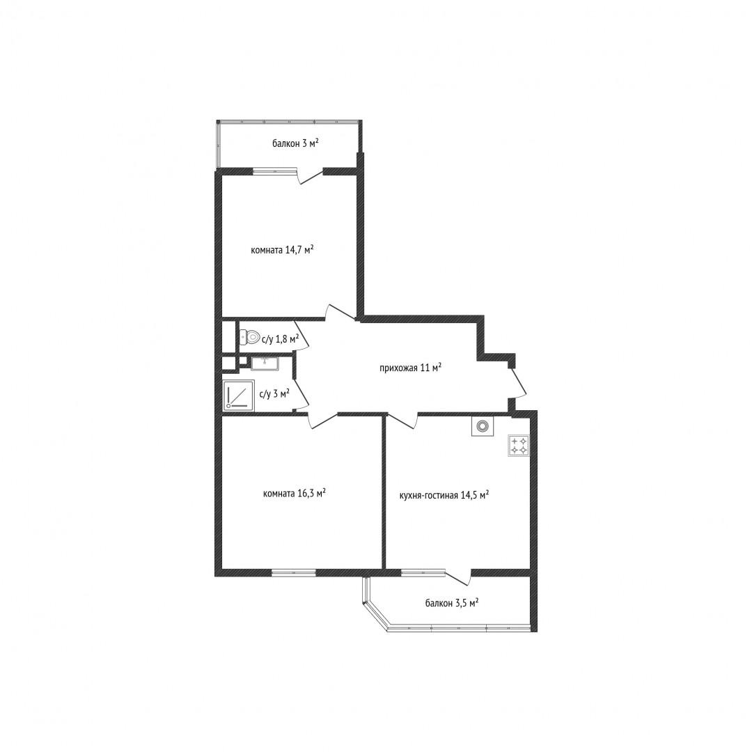 2-комнатная 60.3 м2 в ЖК undefined корпус null этаж 8
