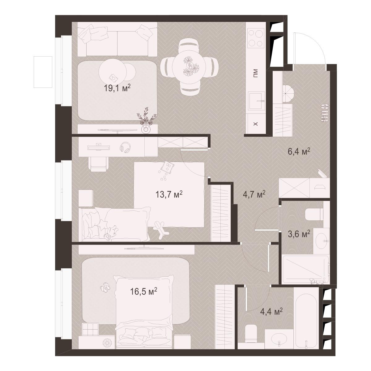 2-комнатная 68 м2 в ЖК Гранд Комфорт-3 корпус null этаж 5