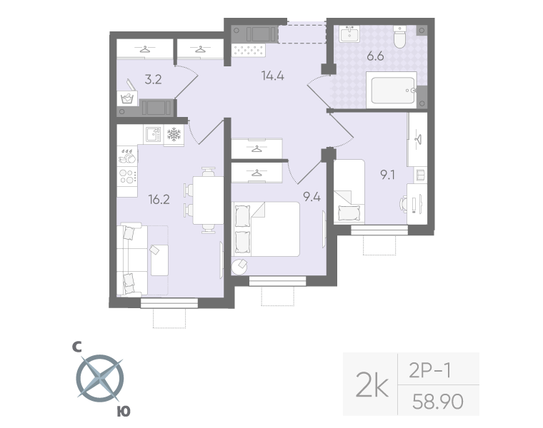 2-комнатная 58 м2 в ЖК Ручьи (2 оч.) корпус null этаж 4