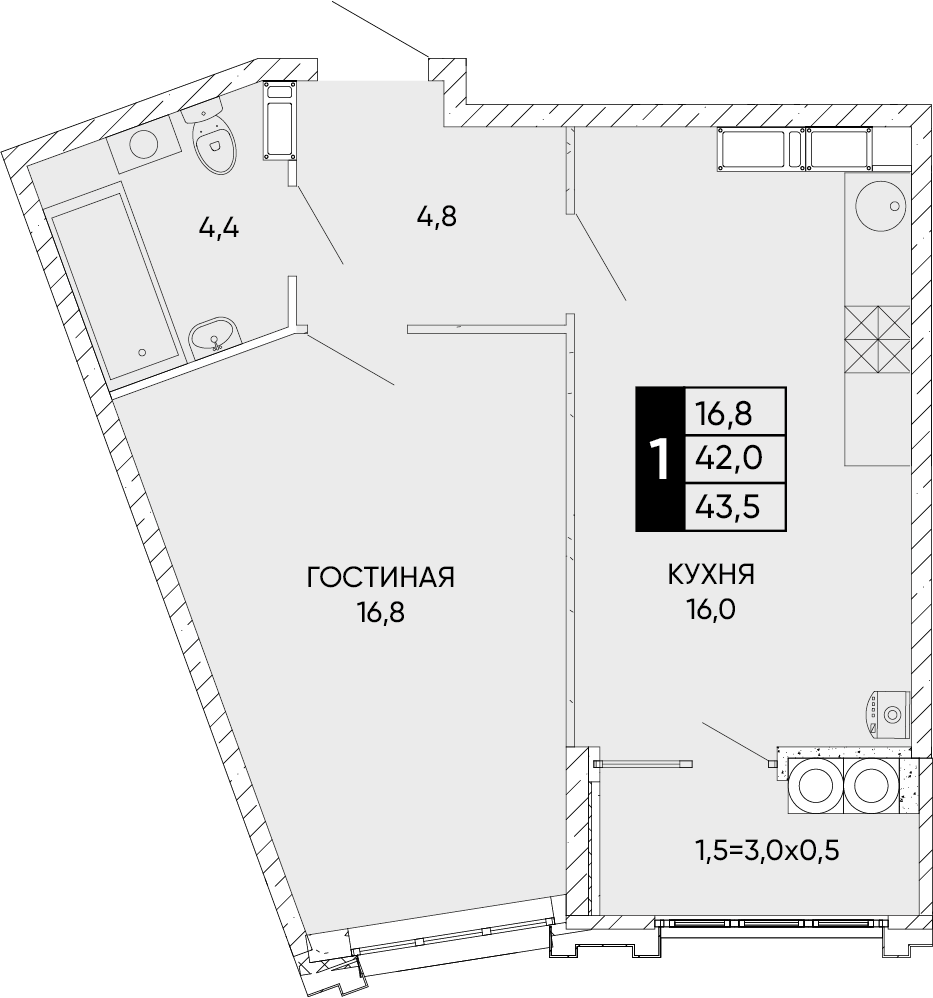 1-комнатная 43 м2 в ЖК Левобережье корпус null этаж 21