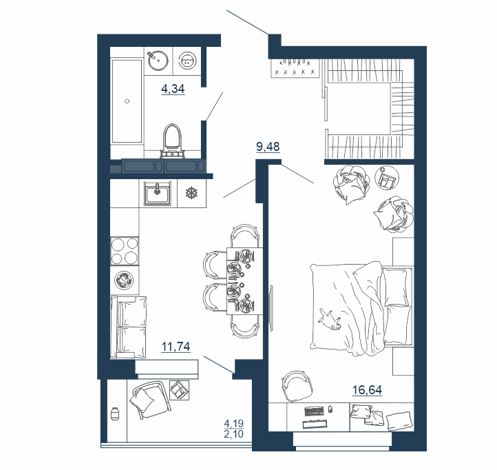 1-комнатная 44 м2 в ЖК Титул корпус null этаж 12
