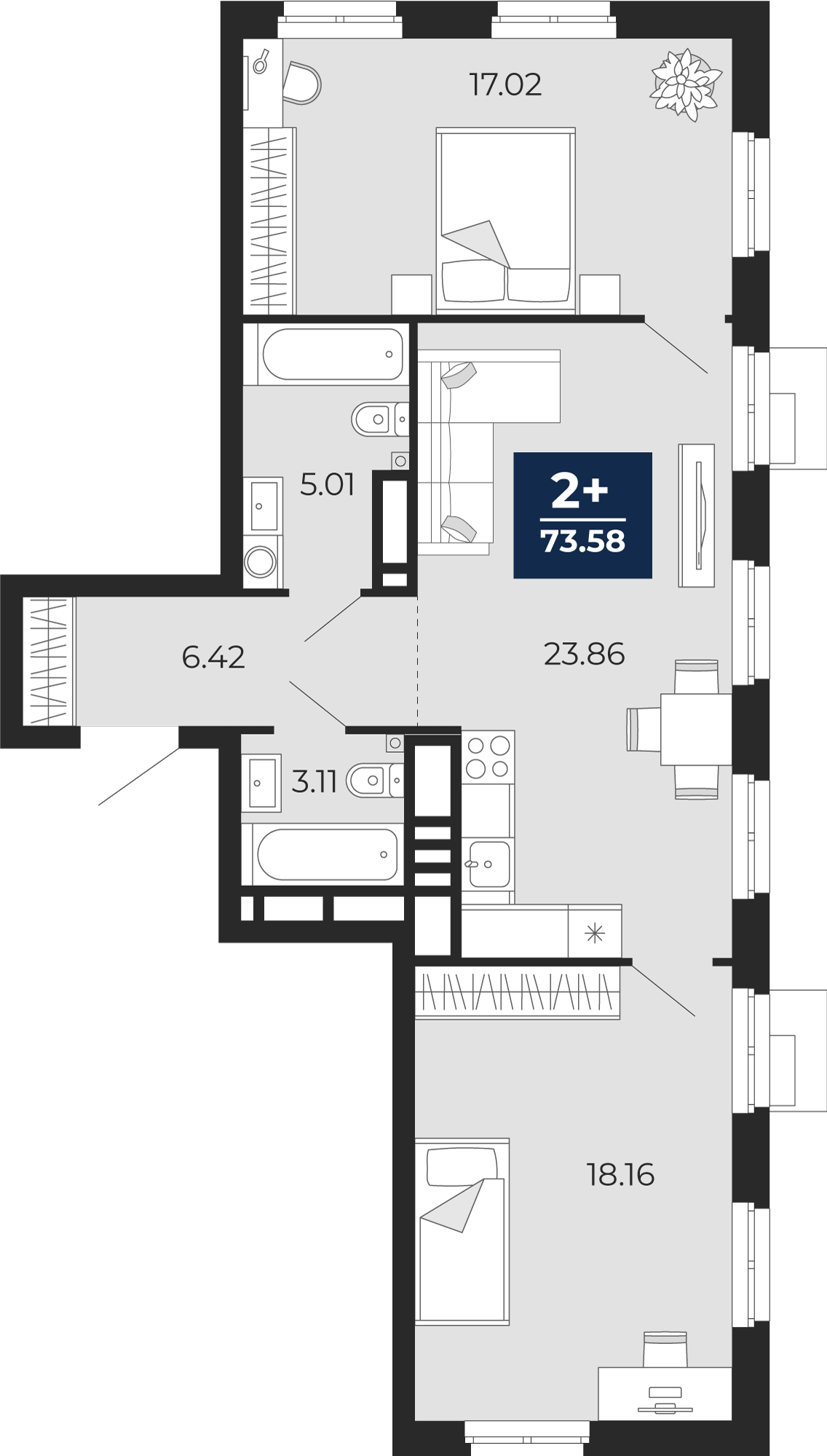 2-комнатная 73 м2 в ЖК Айвазовский корпус null этаж 12