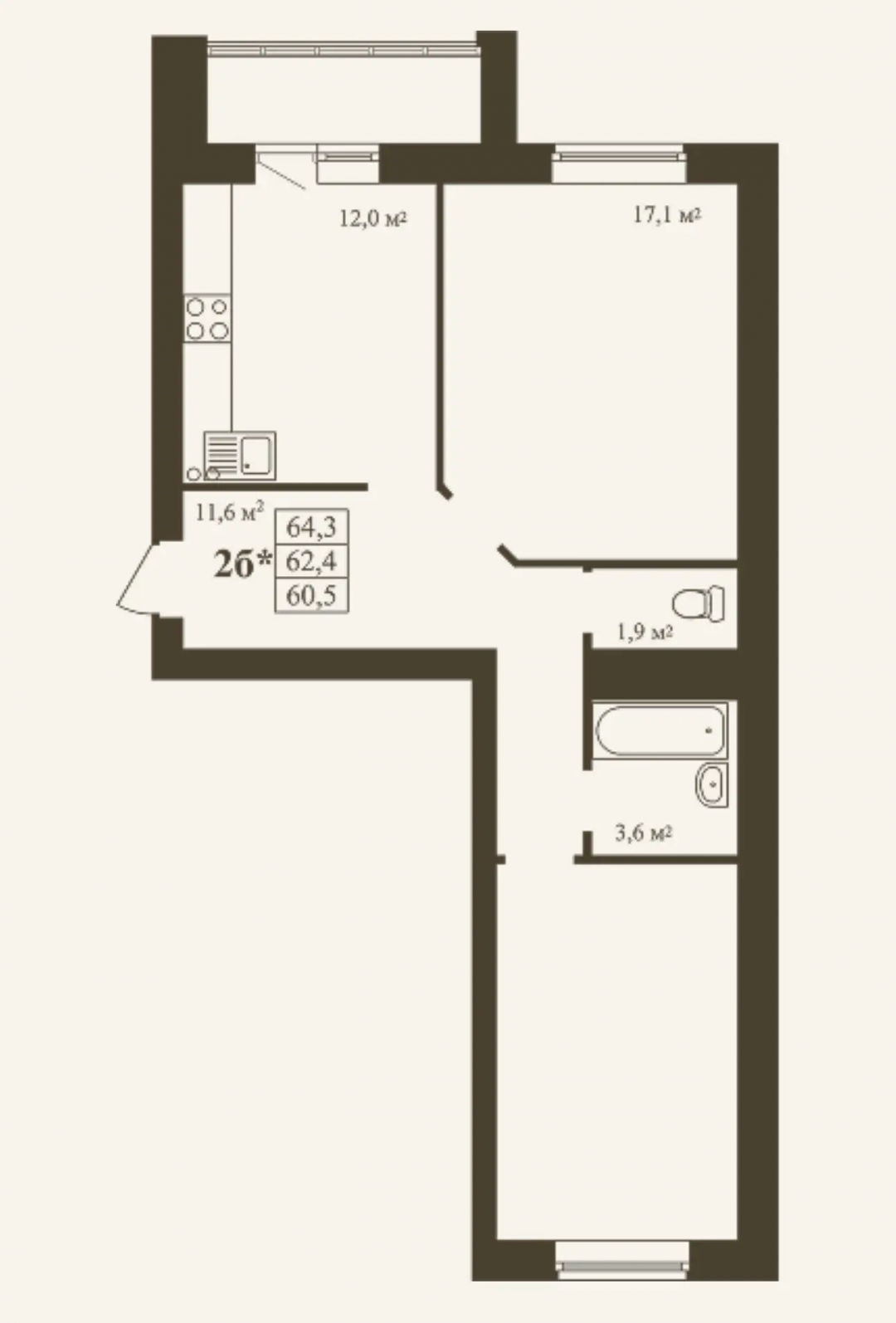 2-комнатная 64.3 м2 в ЖК undefined корпус null этаж 6