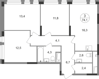 3-комнатная 74 м2 в ЖК Первый Московский корпус null этаж 6