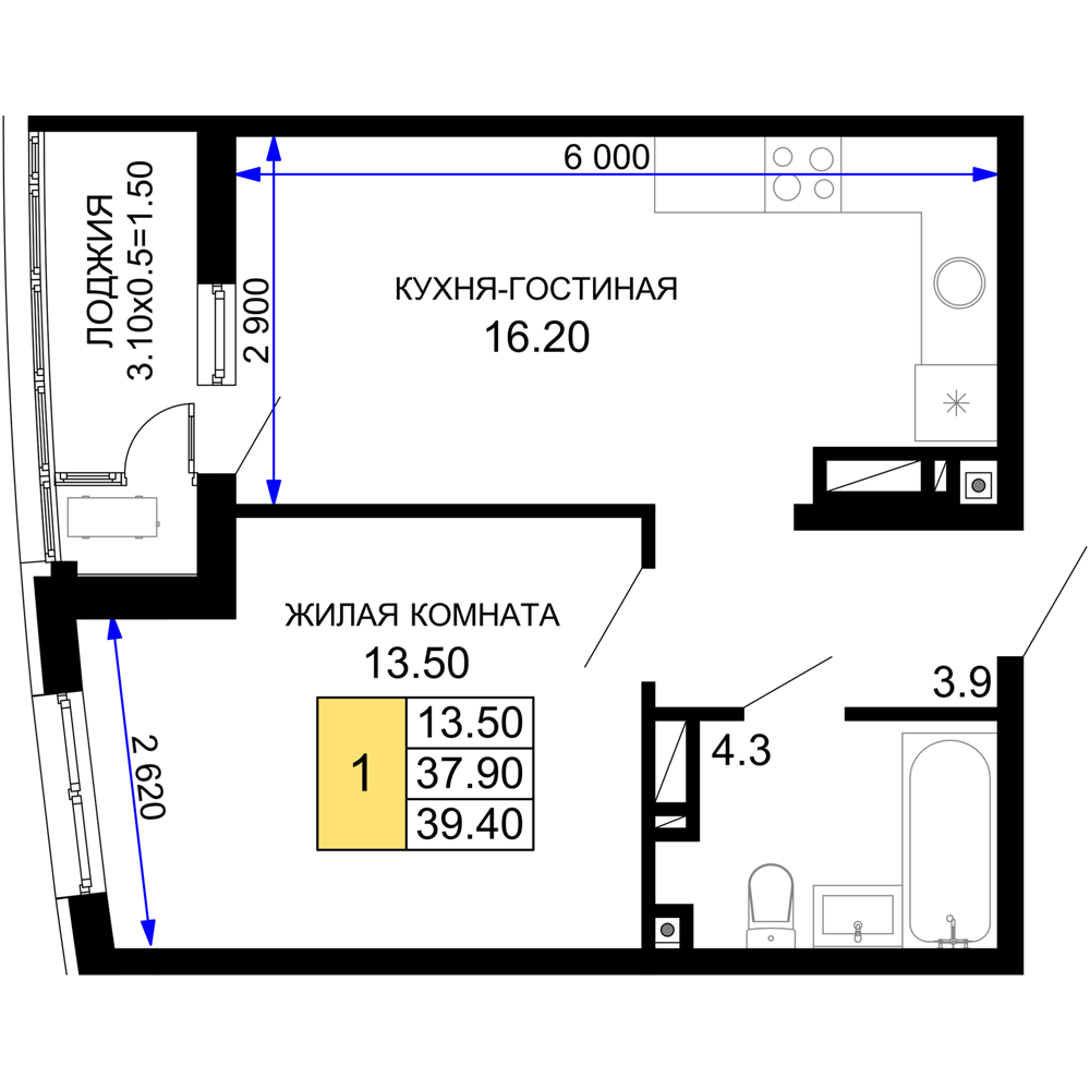 1-комнатная 39 м2 в ЖК Фонтаны корпус null этаж 9